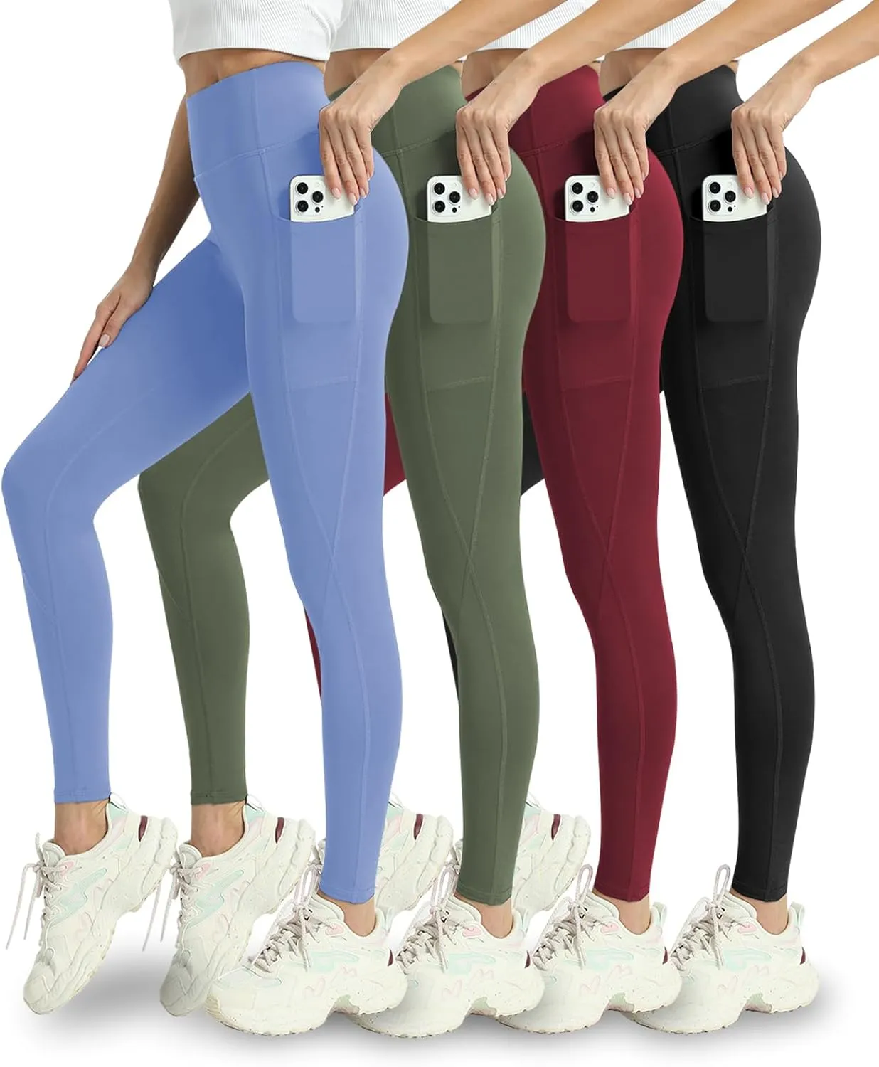 4 Pack Leggings with Pockets for Women - Soft High Waisted Tummy Control Workout Yoga Pants