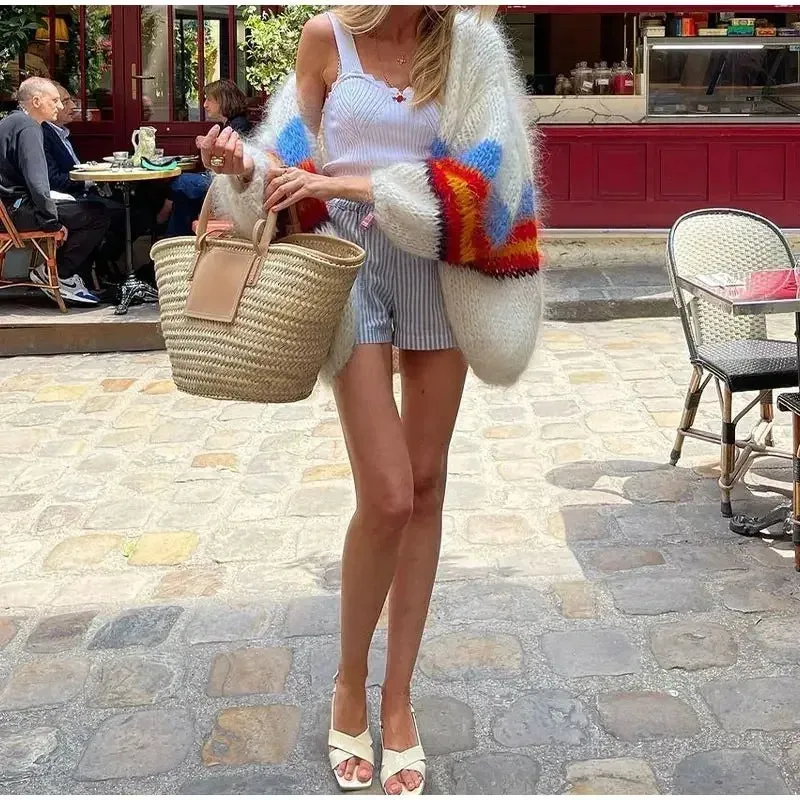 Advbridge Women Y2K Open Front Loose Sweaters Fuzzy Lightweight Stripe Print Contrast Color Long Sleeve Knitwear Cardigans Coat