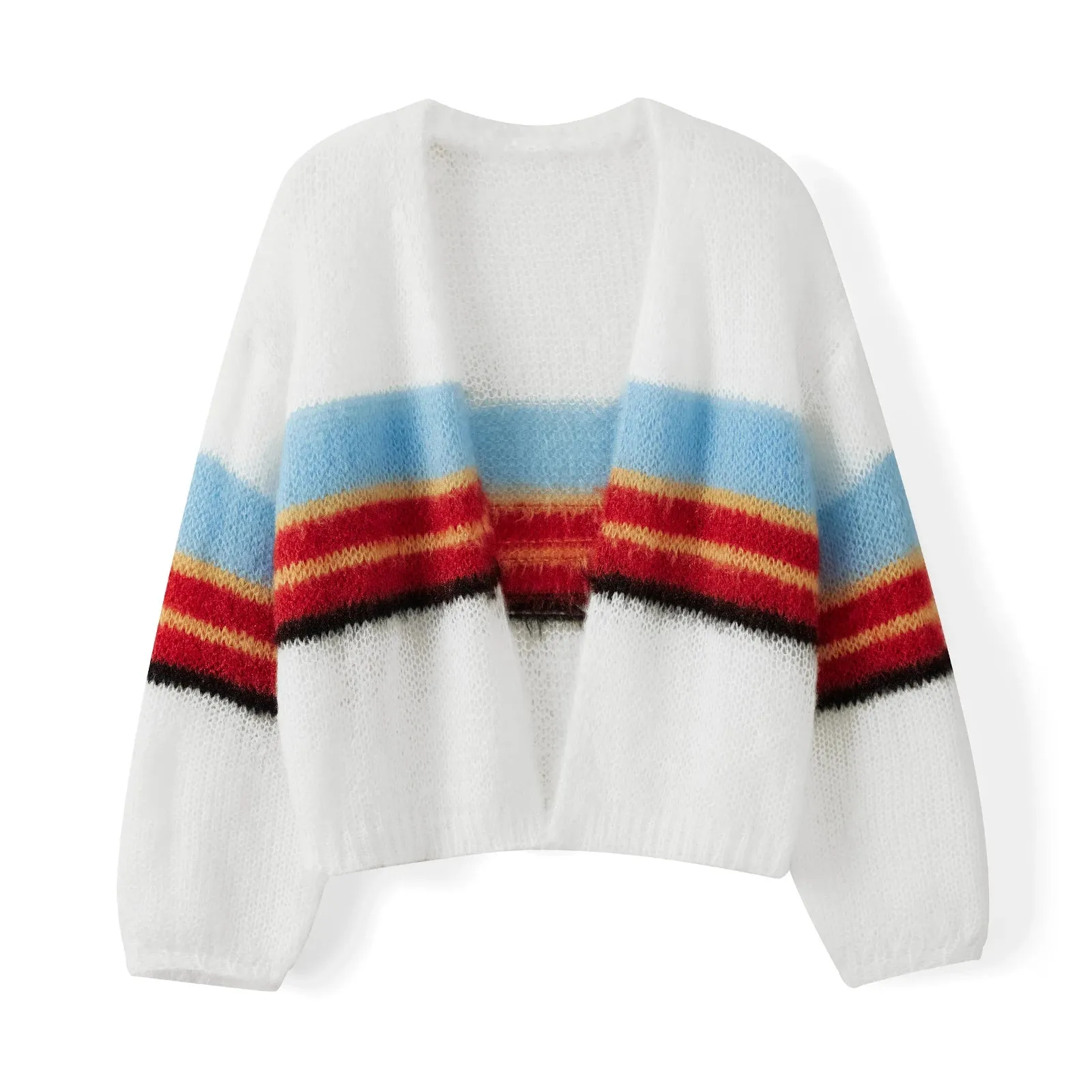 Advbridge Women Y2K Open Front Loose Sweaters Fuzzy Lightweight Stripe Print Contrast Color Long Sleeve Knitwear Cardigans Coat