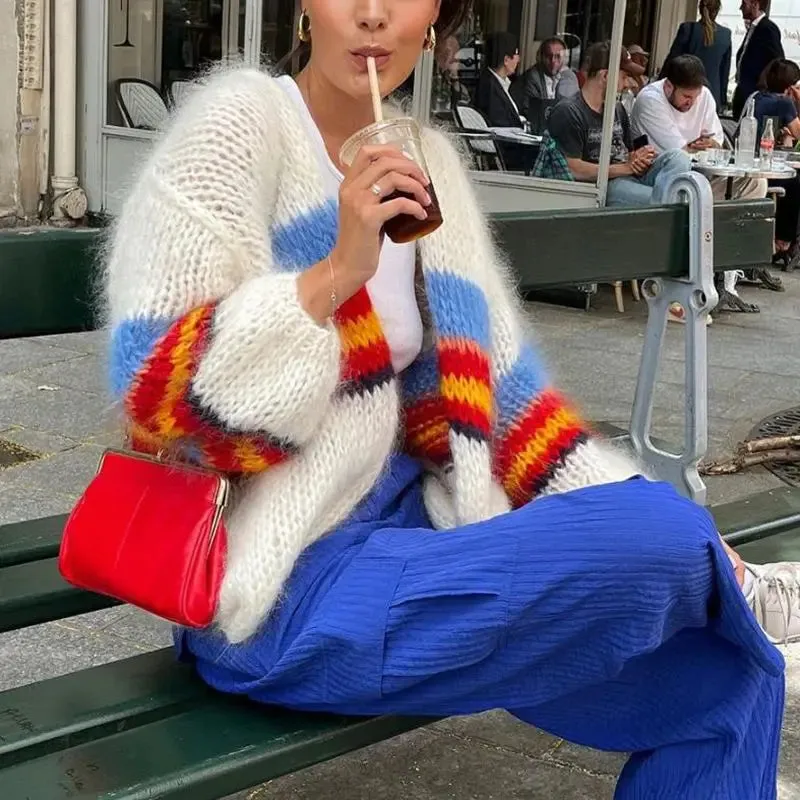 Advbridge Women Y2K Open Front Loose Sweaters Fuzzy Lightweight Stripe Print Contrast Color Long Sleeve Knitwear Cardigans Coat
