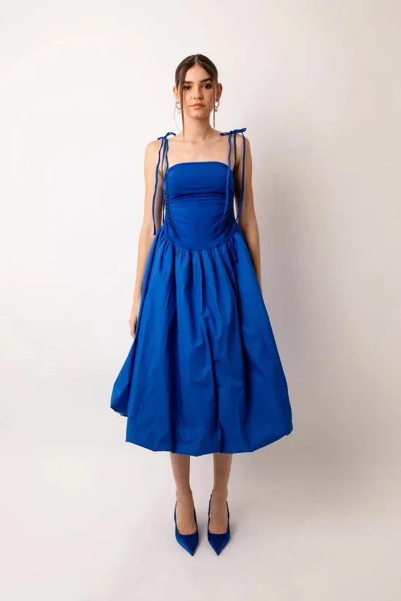 Alexa Stretch Strapless Puffball Midi Dress