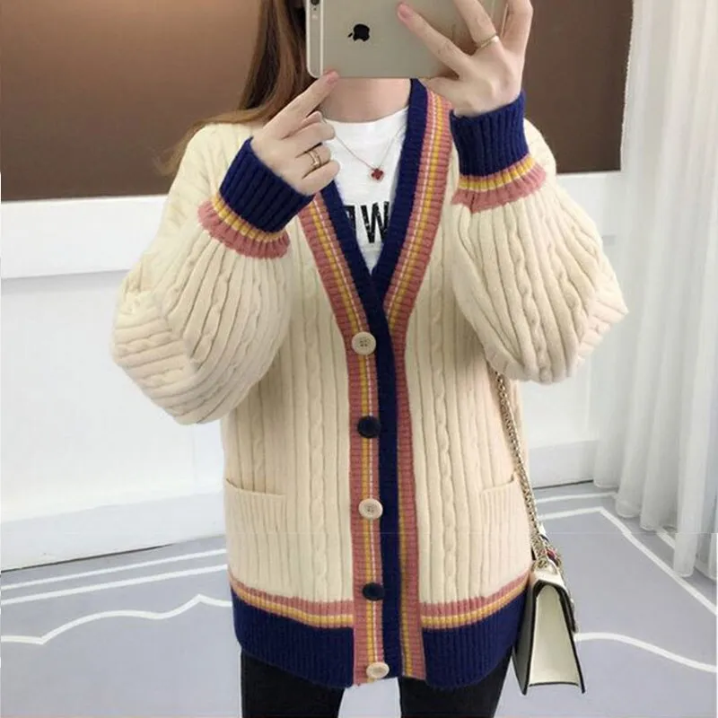 autumn winter loose knitting women cardigan sweater korean style plus size single-breasted pink striped sweater coats female