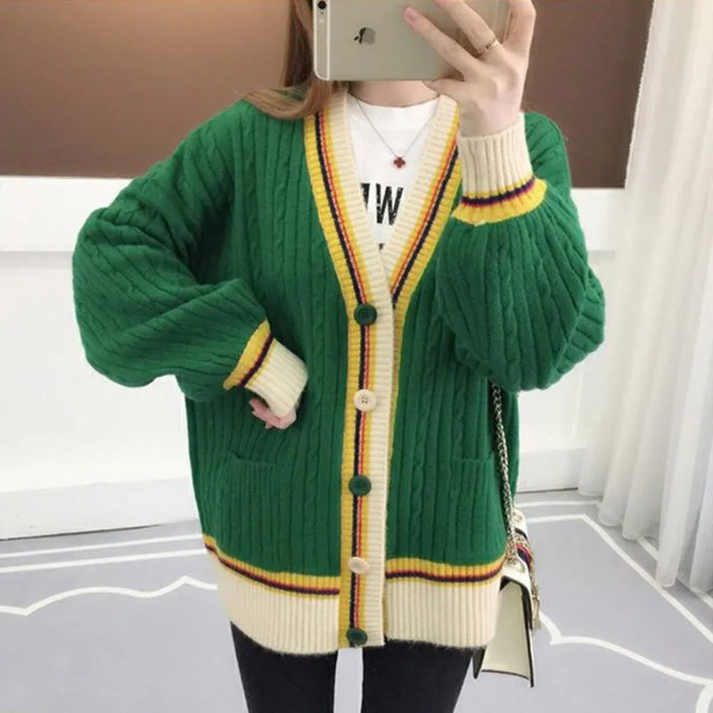 autumn winter loose knitting women cardigan sweater korean style plus size single-breasted pink striped sweater coats female
