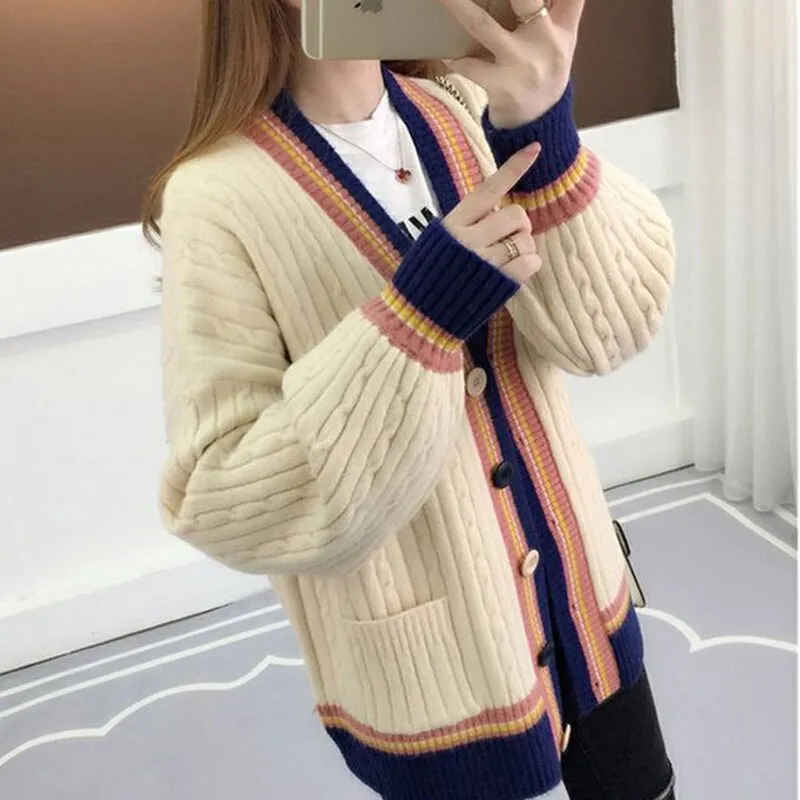 autumn winter loose knitting women cardigan sweater korean style plus size single-breasted pink striped sweater coats female
