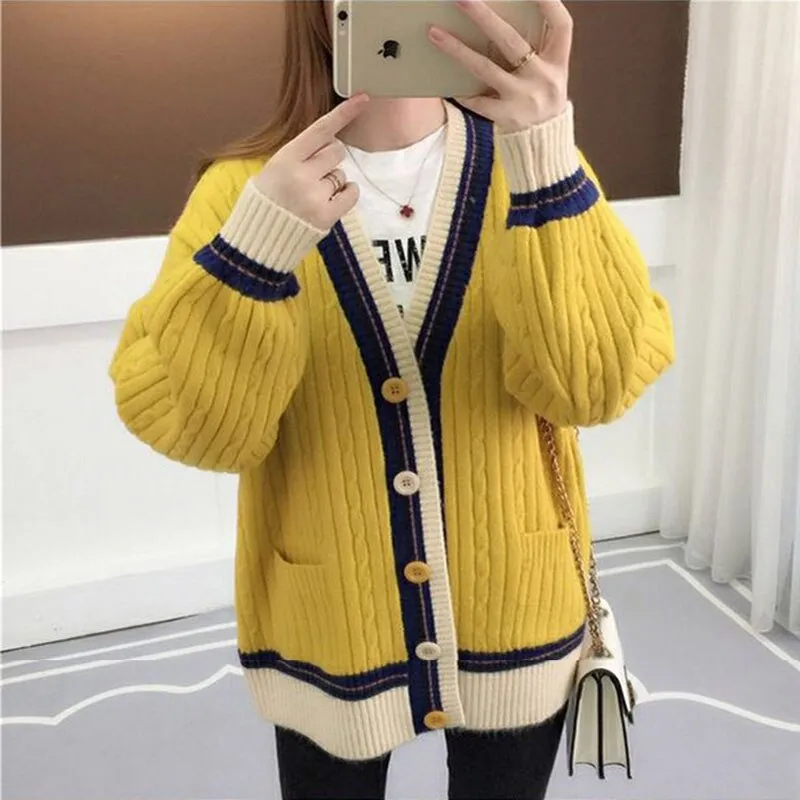 autumn winter loose knitting women cardigan sweater korean style plus size single-breasted pink striped sweater coats female