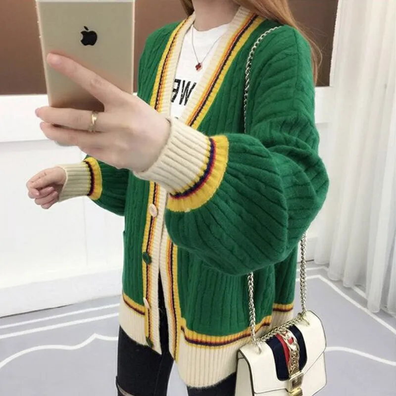 autumn winter loose knitting women cardigan sweater korean style plus size single-breasted pink striped sweater coats female