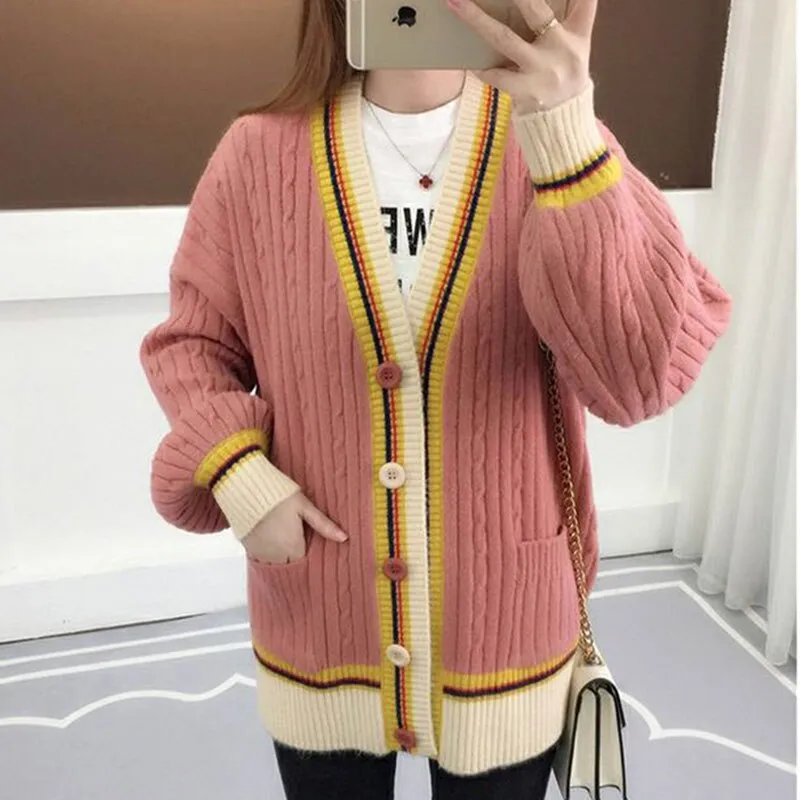 autumn winter loose knitting women cardigan sweater korean style plus size single-breasted pink striped sweater coats female
