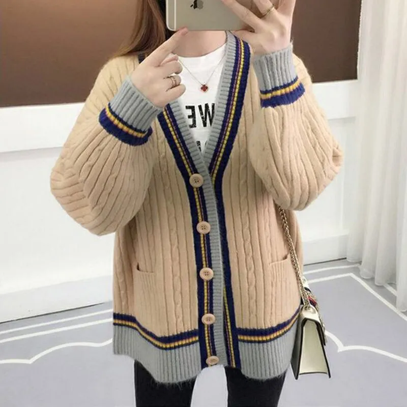autumn winter loose knitting women cardigan sweater korean style plus size single-breasted pink striped sweater coats female