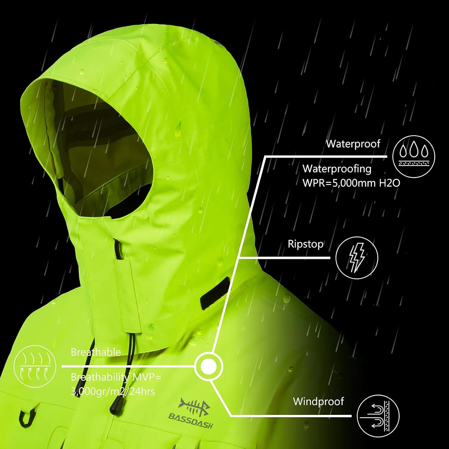 BASSDASH Valor Waterproof Fishing Jackets for Men Women Breathable Windproof Rain Jacket