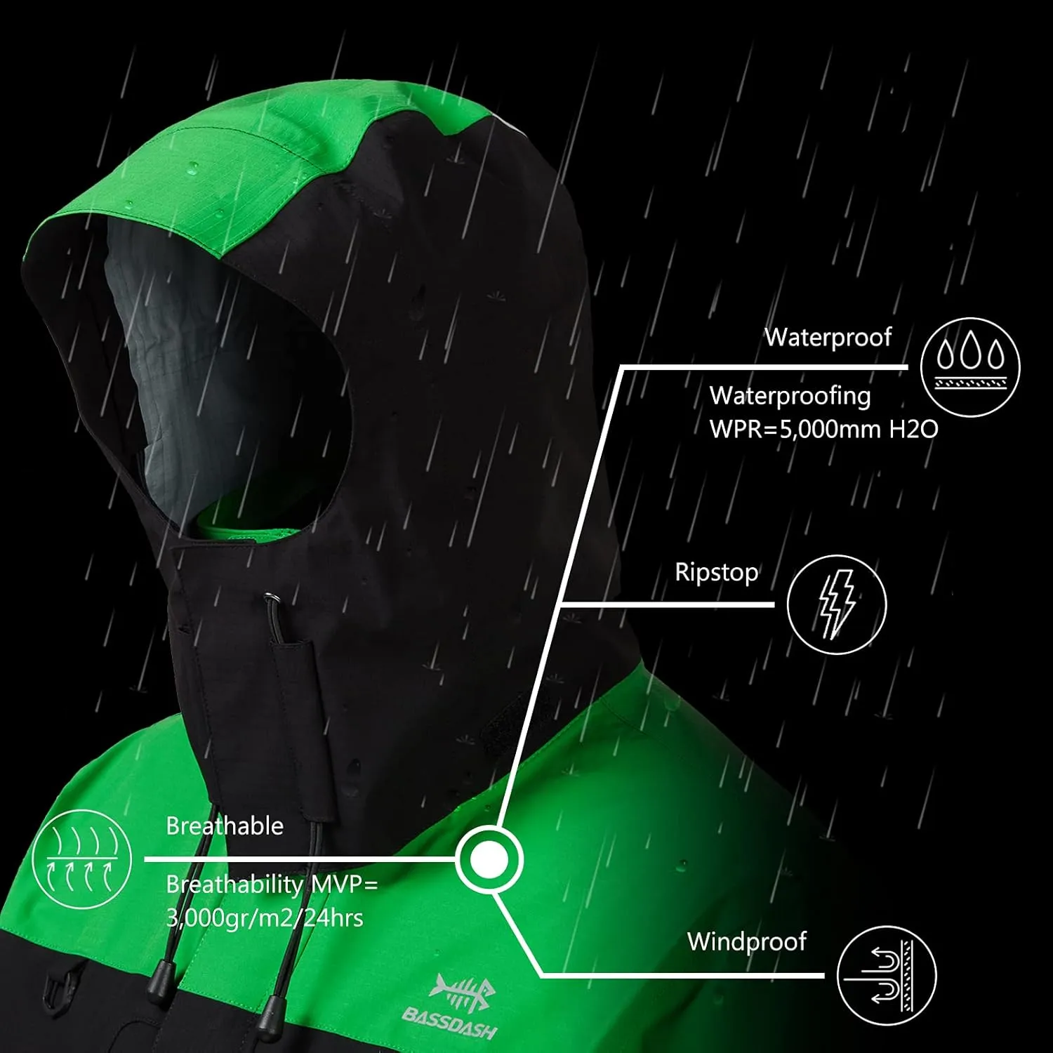 BASSDASH Valor Waterproof Fishing Jackets for Men Women Breathable Windproof Rain Jacket