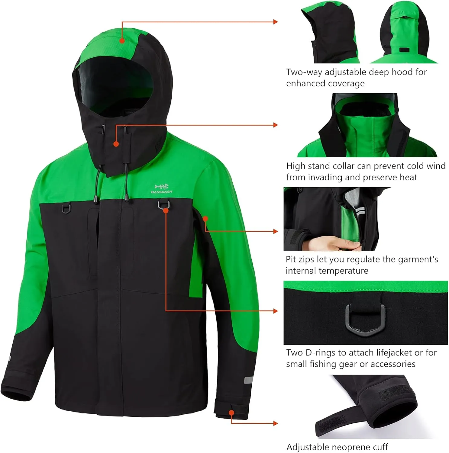 BASSDASH Valor Waterproof Fishing Jackets for Men Women Breathable Windproof Rain Jacket