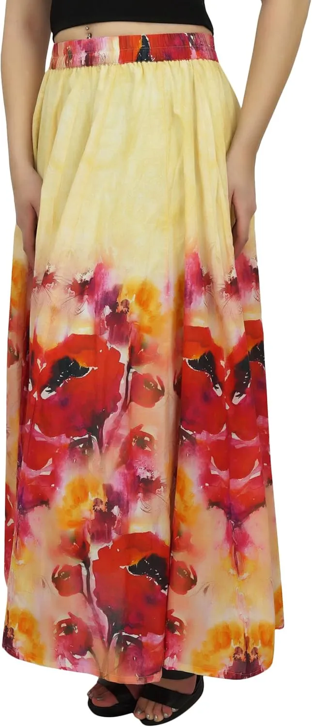 Bimba Women's Cotton Floral Printed Skirt Elastic Waist Maxi Summer Skirts