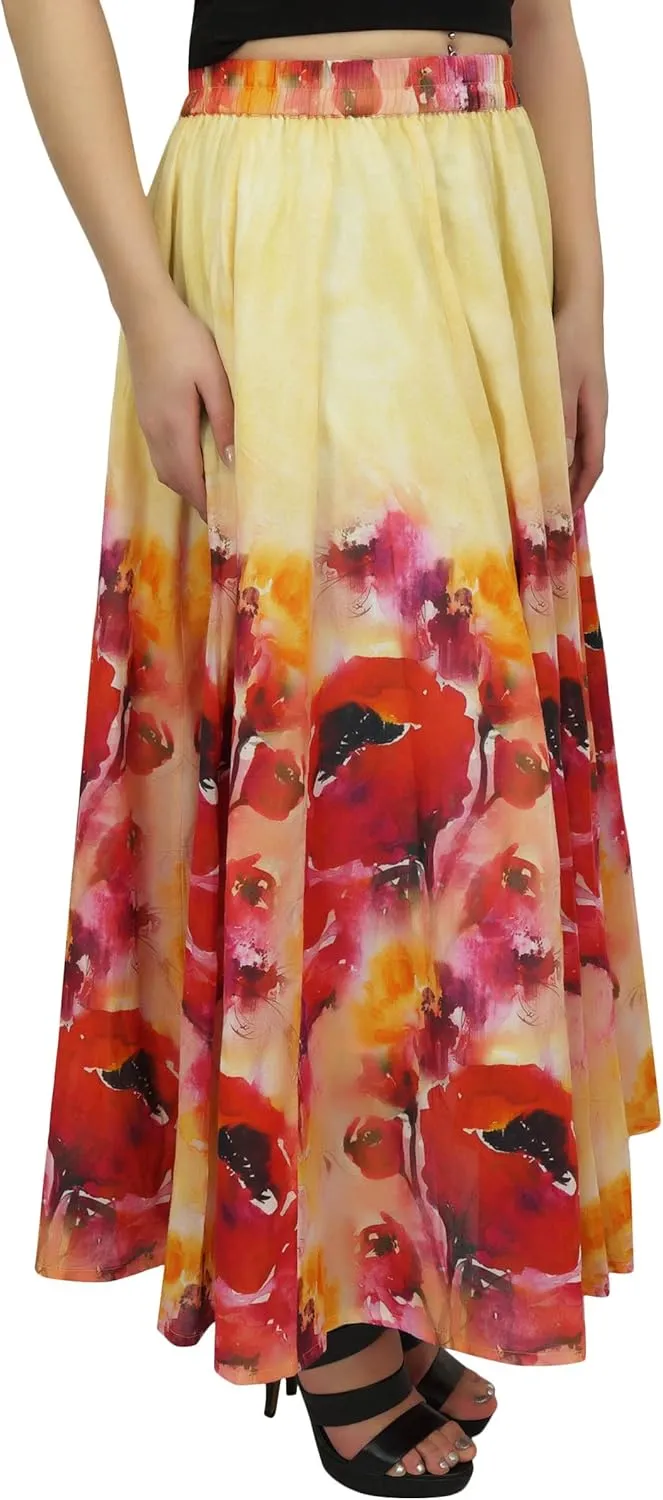 Bimba Women's Cotton Floral Printed Skirt Elastic Waist Maxi Summer Skirts