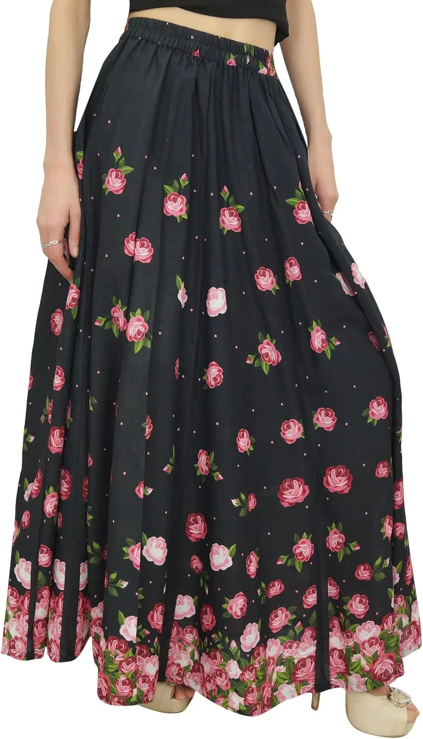 Bimba Women's Elastic Waist Maxi Skirt Floral Printed Cotton Skirts