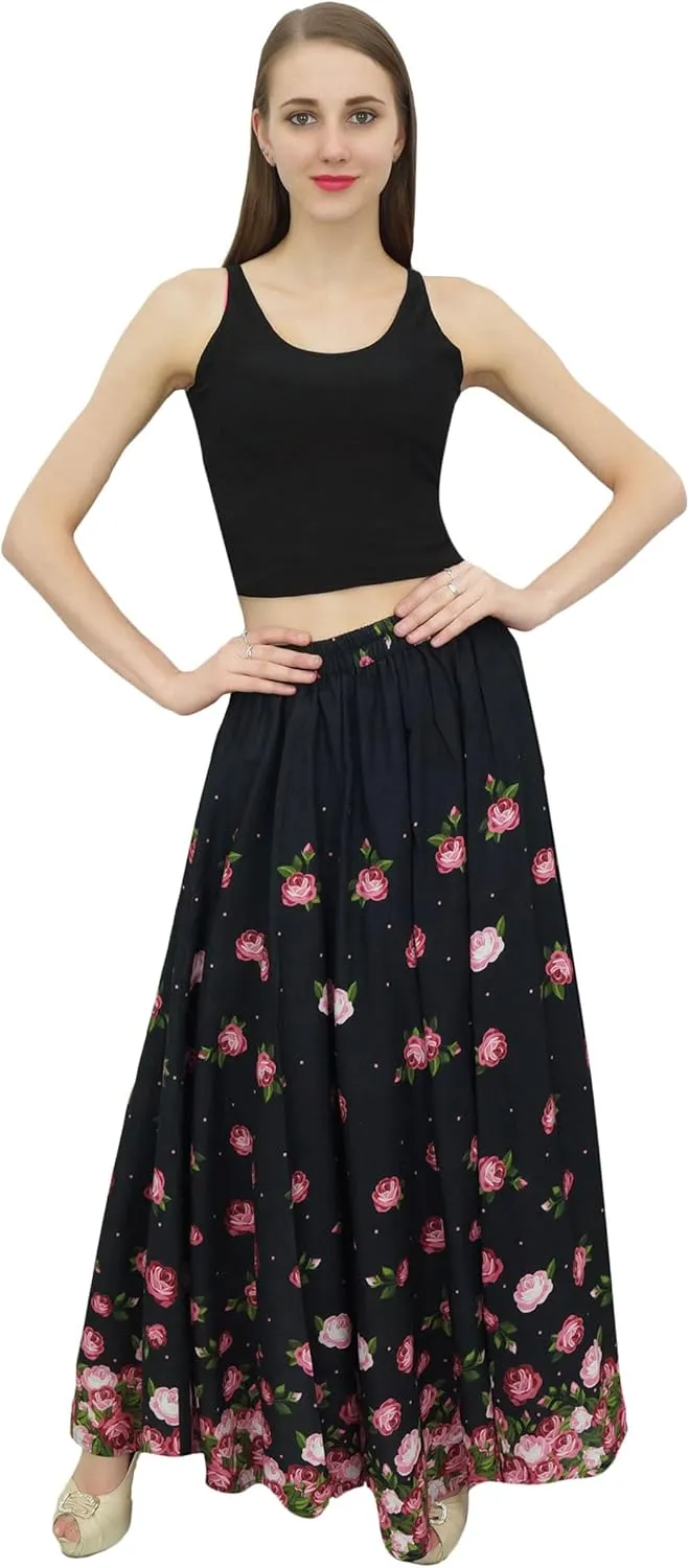Bimba Women's Elastic Waist Maxi Skirt Floral Printed Cotton Skirts