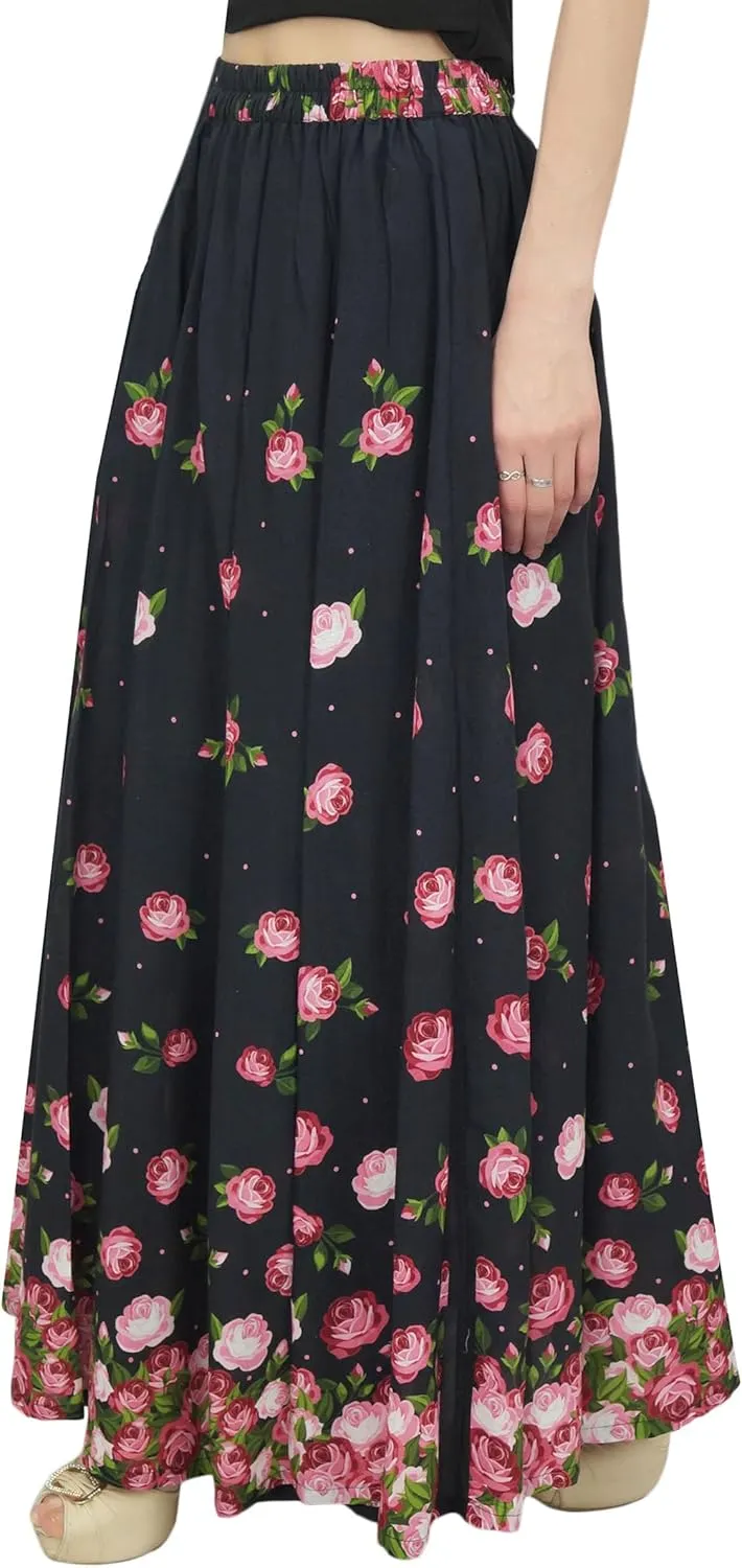 Bimba Women's Elastic Waist Maxi Skirt Floral Printed Cotton Skirts