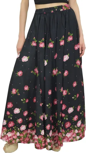 Bimba Women's Elastic Waist Maxi Skirt Floral Printed Cotton Skirts