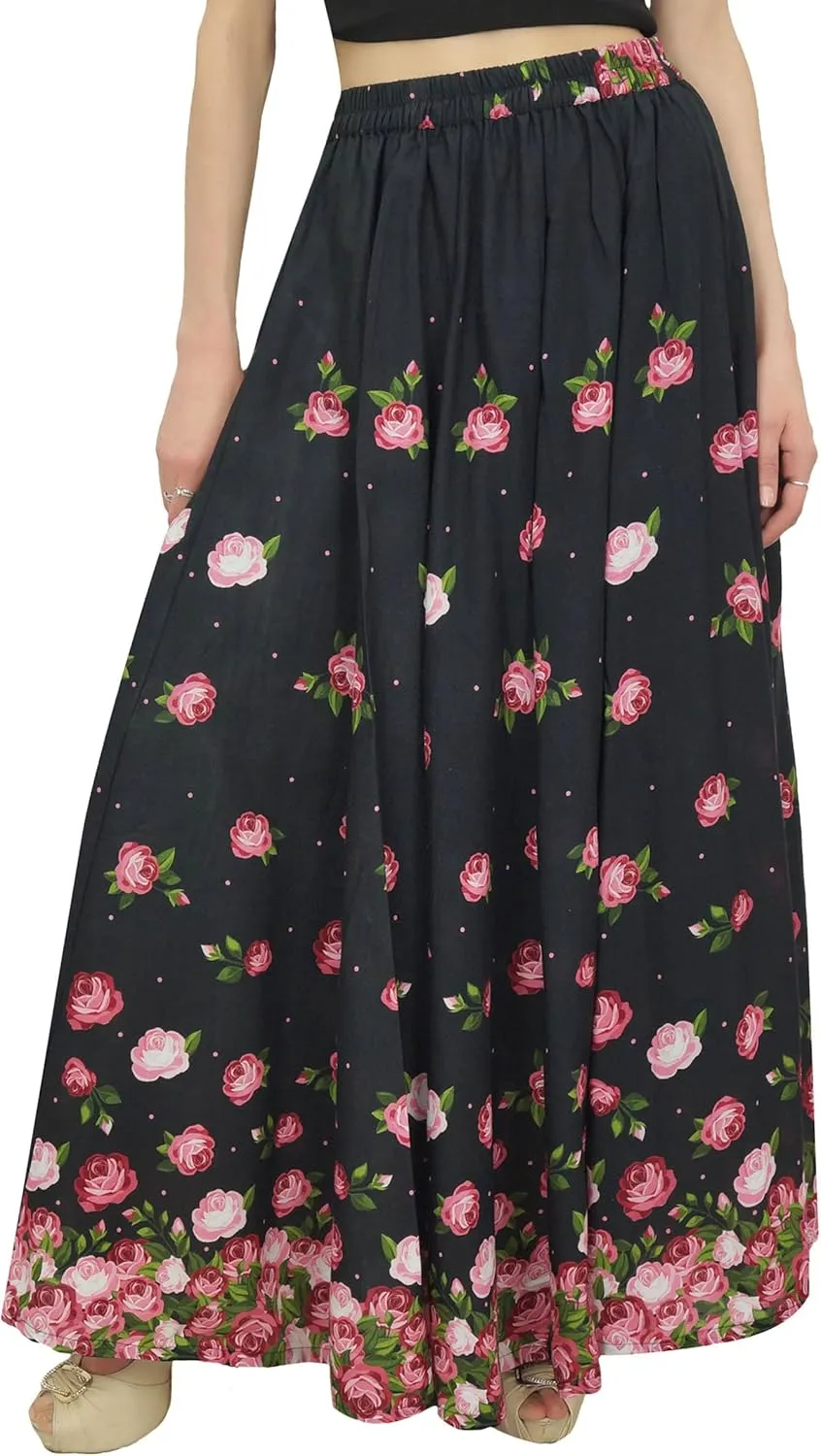 Bimba Women's Elastic Waist Maxi Skirt Floral Printed Cotton Skirts