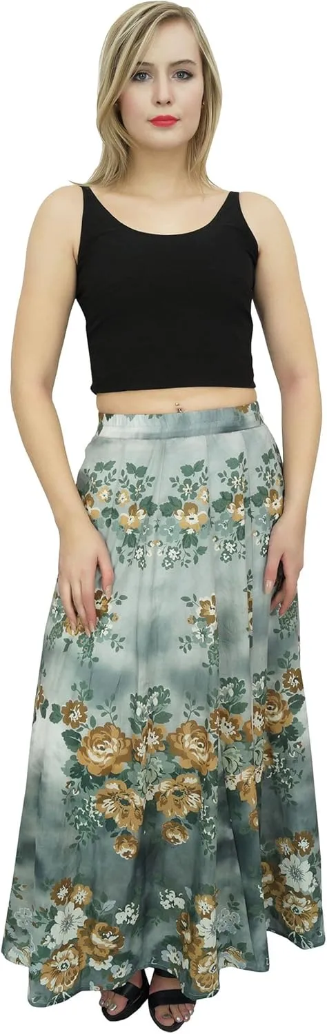 Bimba Women's Floral Print Cotton Skirt Elastic Waist Maxi Summer Skirts