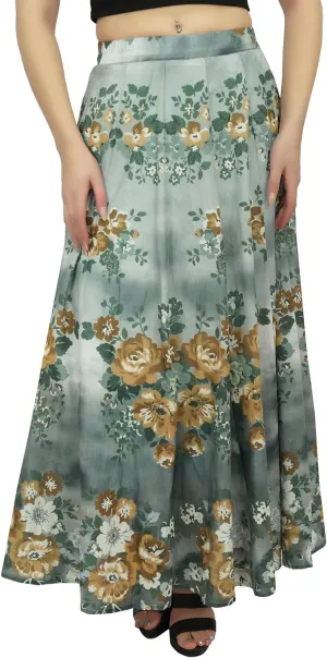 Bimba Women's Floral Print Cotton Skirt Elastic Waist Maxi Summer Skirts