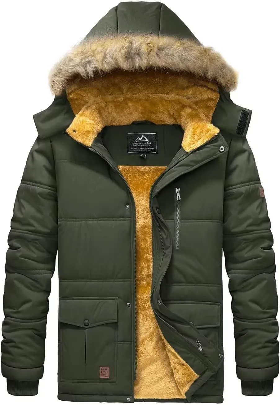 BIYLACLESEN Men's Hooded Winter Warm Jacket Fleece Thicken Windproof Down Coat with Fur Collar Hood Snowproof Jackets
