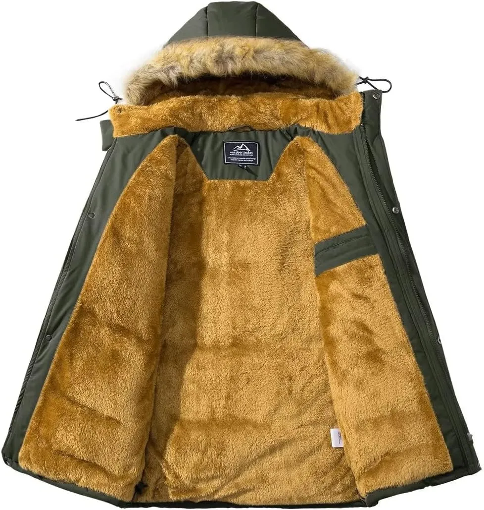BIYLACLESEN Men's Hooded Winter Warm Jacket Fleece Thicken Windproof Down Coat with Fur Collar Hood Snowproof Jackets