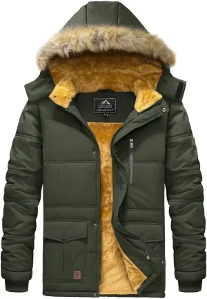 BIYLACLESEN Men's Hooded Winter Warm Jacket Fleece Thicken Windproof Down Coat with Fur Collar Hood Snowproof Jackets