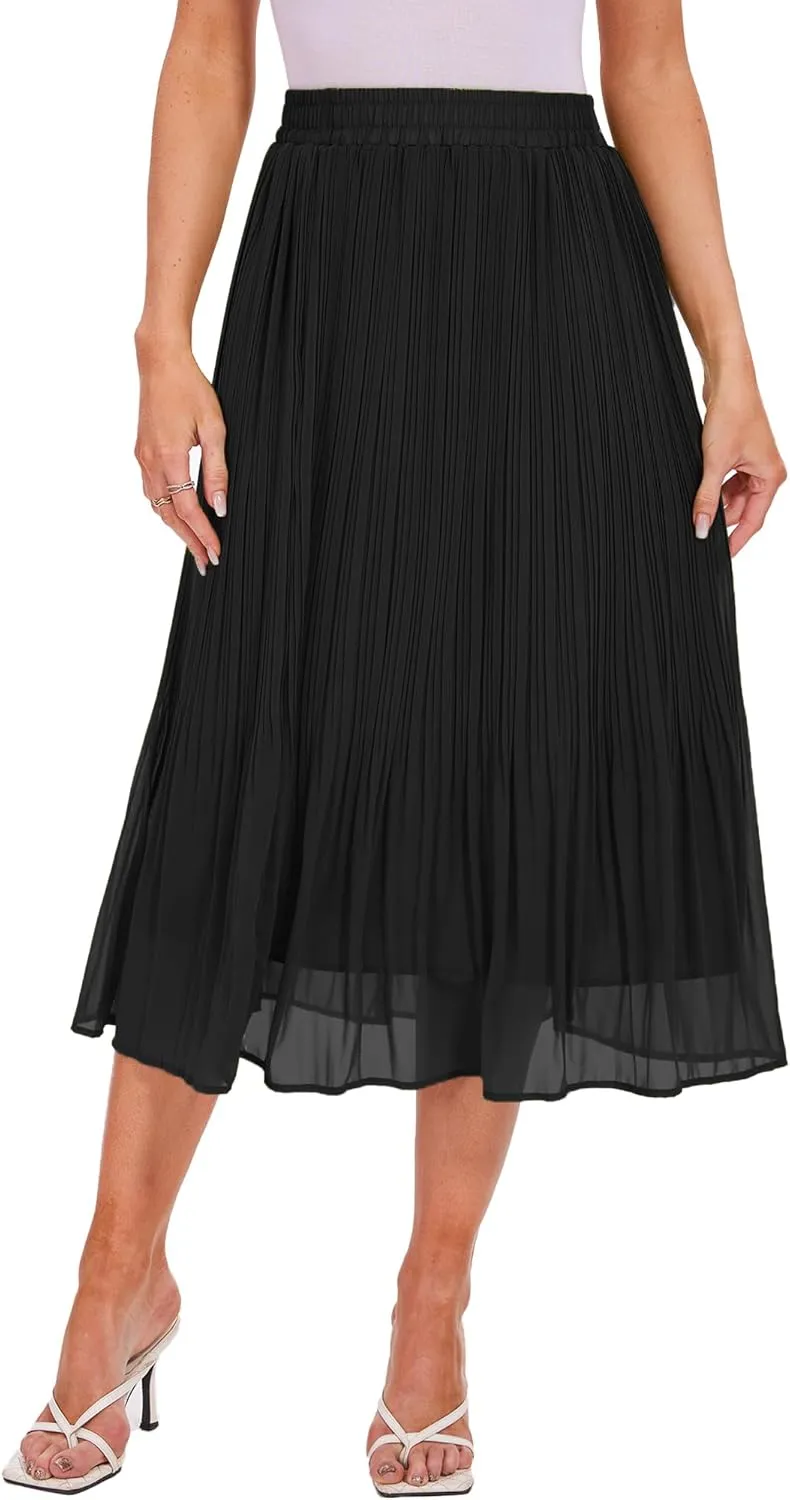 Breezy Lane Womens Midi Skirts for Women Pleated Elastic High Waisted A Line Ruffle Flowy Summer Skirts