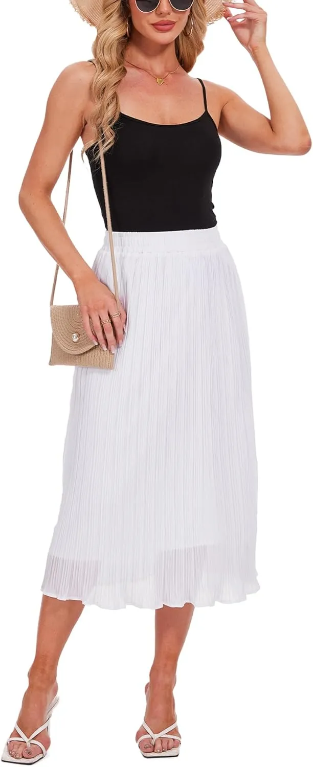 Breezy Lane Womens Midi Skirts for Women Pleated Elastic High Waisted A Line Ruffle Flowy Summer Skirts