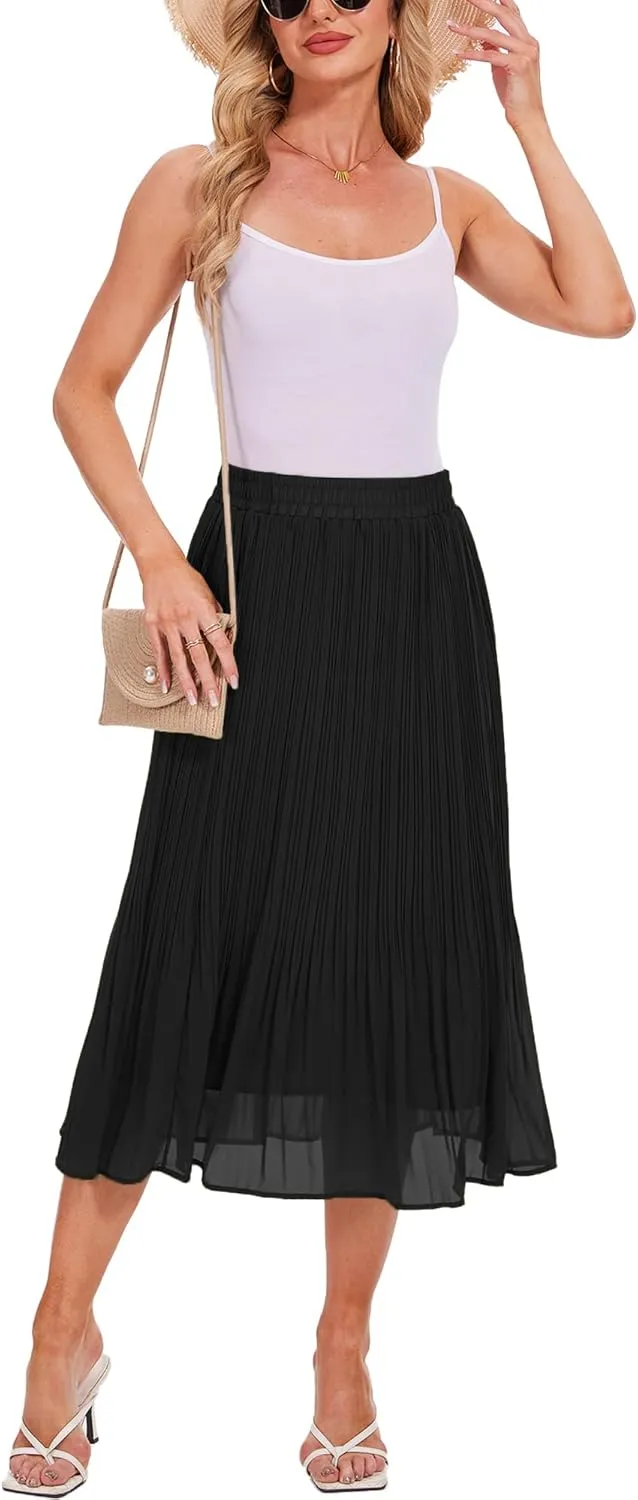 Breezy Lane Womens Midi Skirts for Women Pleated Elastic High Waisted A Line Ruffle Flowy Summer Skirts