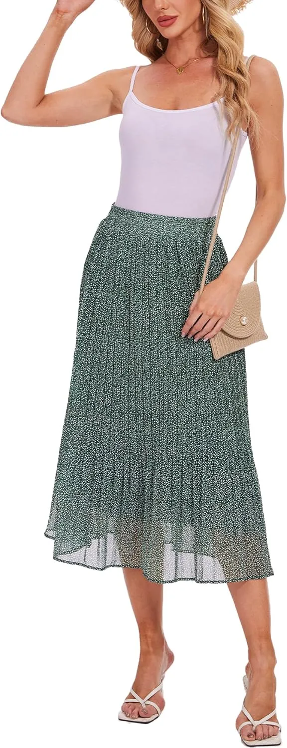 Breezy Lane Womens Midi Skirts for Women Pleated Elastic High Waisted A Line Ruffle Flowy Summer Skirts