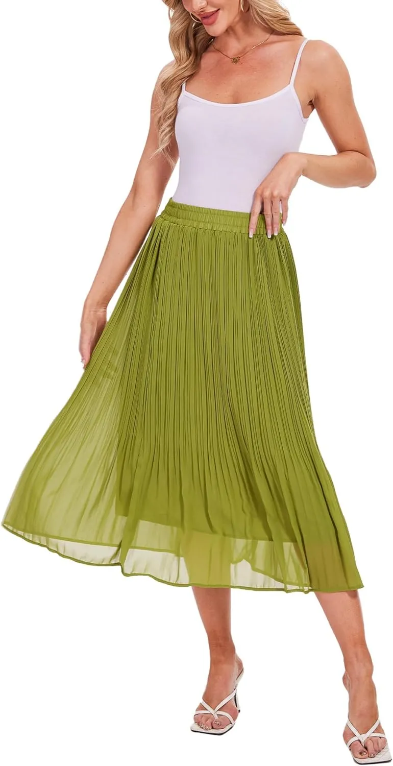 Breezy Lane Womens Midi Skirts for Women Pleated Elastic High Waisted A Line Ruffle Flowy Summer Skirts