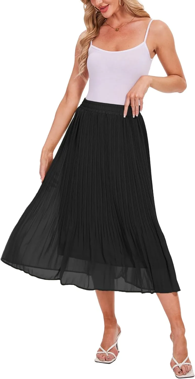 Breezy Lane Womens Midi Skirts for Women Pleated Elastic High Waisted A Line Ruffle Flowy Summer Skirts