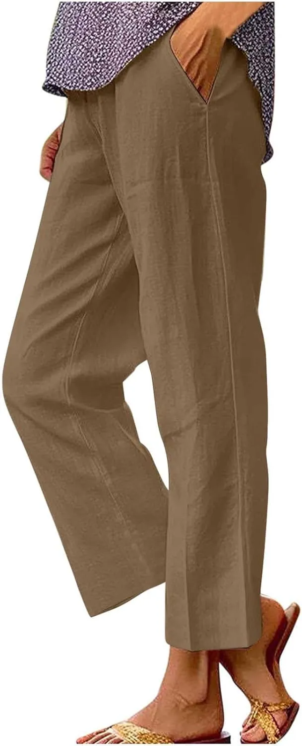 Capri Pants for Women Casual Straight Leg Lounge Trousers Elastic High Waist Lightweight Comfy Soft Palazzo Pants