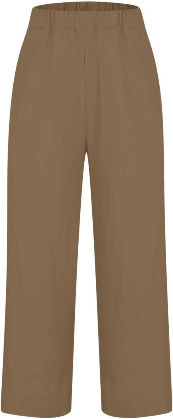 Capri Pants for Women Casual Straight Leg Lounge Trousers Elastic High Waist Lightweight Comfy Soft Palazzo Pants
