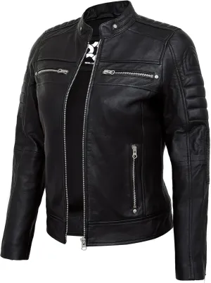 Casual Outerwear Real Lambskin Motorcycle Jacket Women - Classic Biker Style Euro Collar Womens Leather Jacket