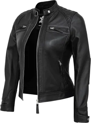 Casual Outerwear Real Lambskin Motorcycle Jacket Women - Classic Biker Style Euro Collar Womens Leather Jacket