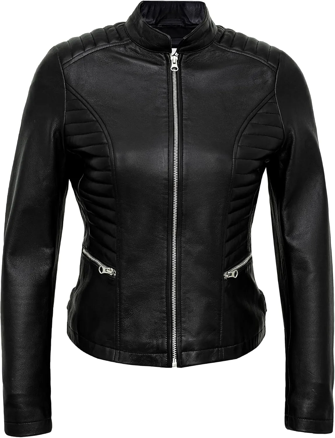 Casual Outerwear Real Lambskin Motorcycle Jacket Women - Classic Biker Style Euro Collar Womens Leather Jacket