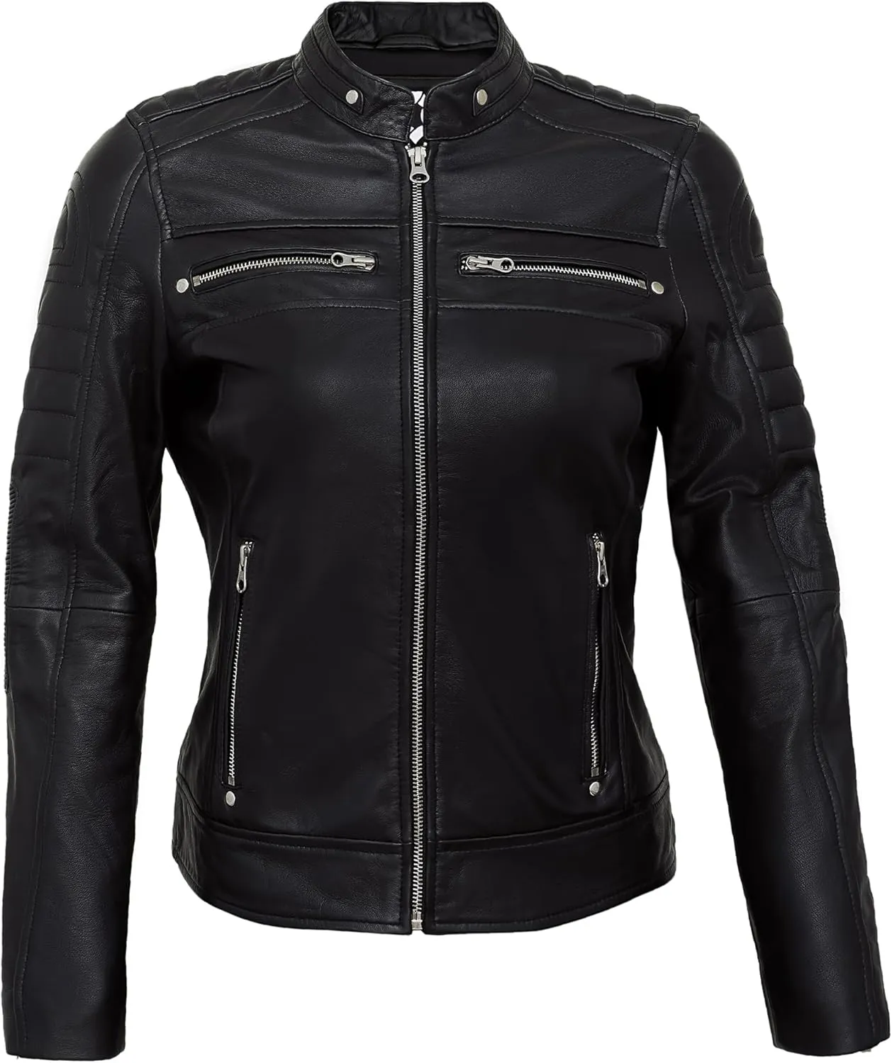 Casual Outerwear Real Lambskin Motorcycle Jacket Women - Classic Biker Style Euro Collar Womens Leather Jacket