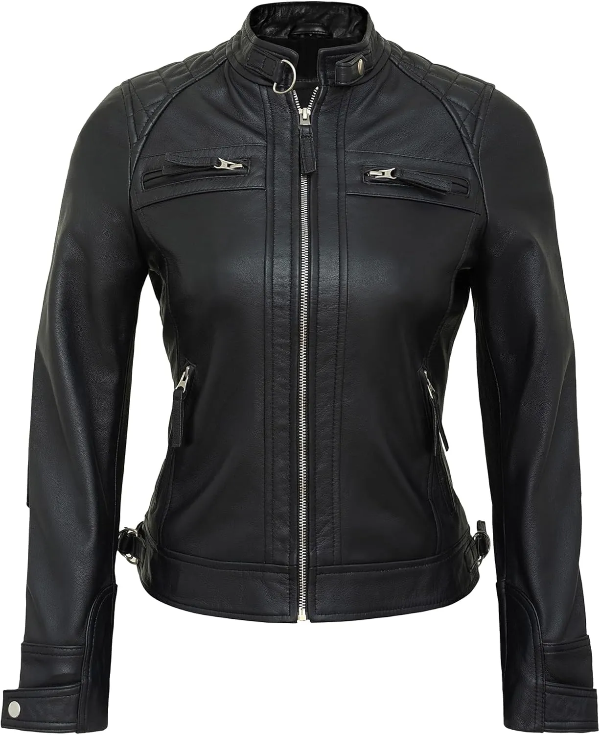 Casual Outerwear Real Lambskin Motorcycle Jacket Women - Classic Biker Style Euro Collar Womens Leather Jacket