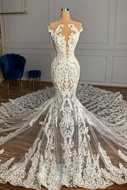 Charming Jewel Garden Sleeveless Mermaid Tulle Wedding Dress with Appliques