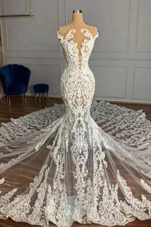 Charming Jewel Garden Sleeveless Mermaid Tulle Wedding Dress with Appliques