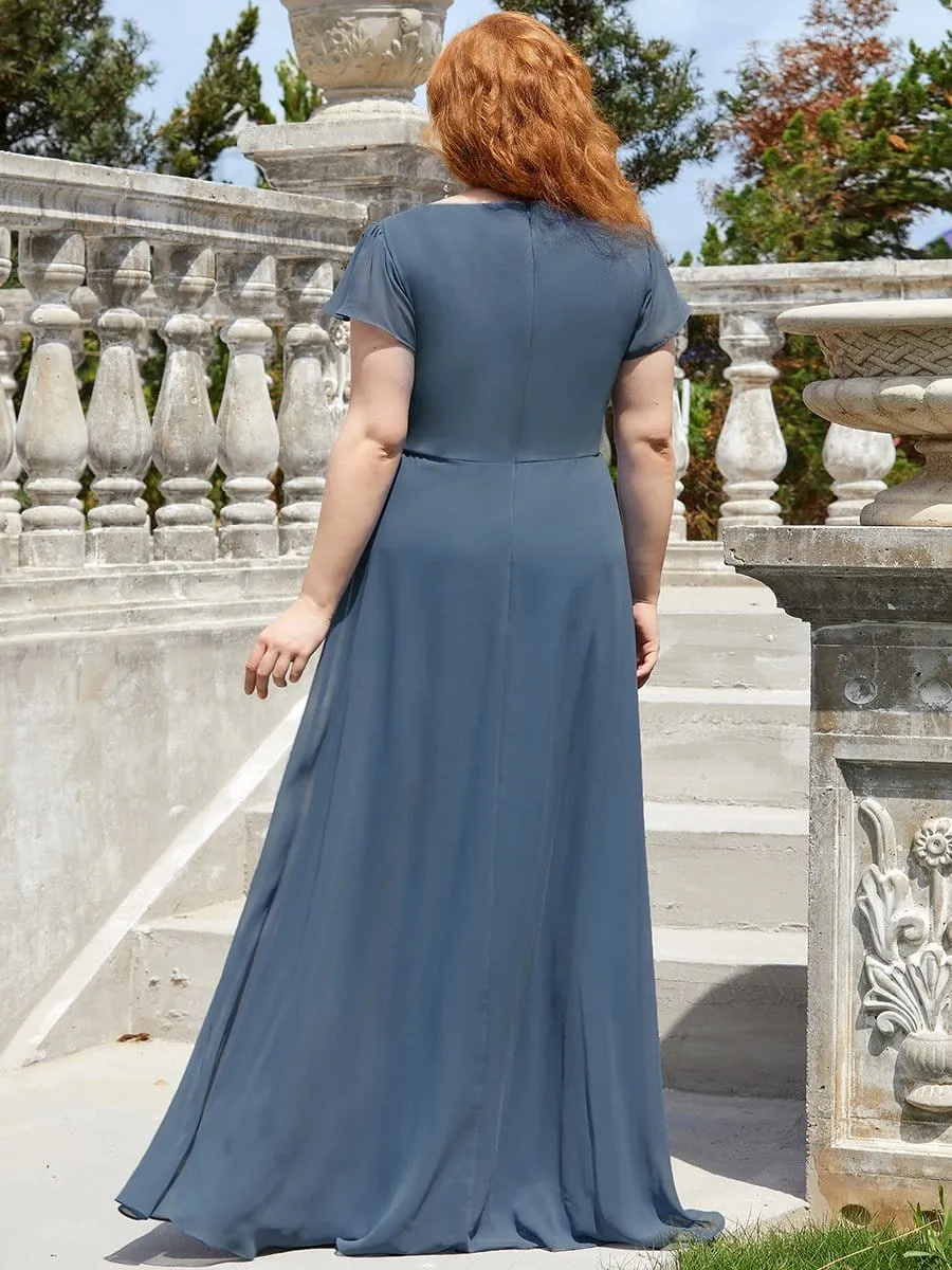 Comfortable Chiffon Ruffle Sleeves Deep V Embroidered Floor Length Plus Size Evening Dress
