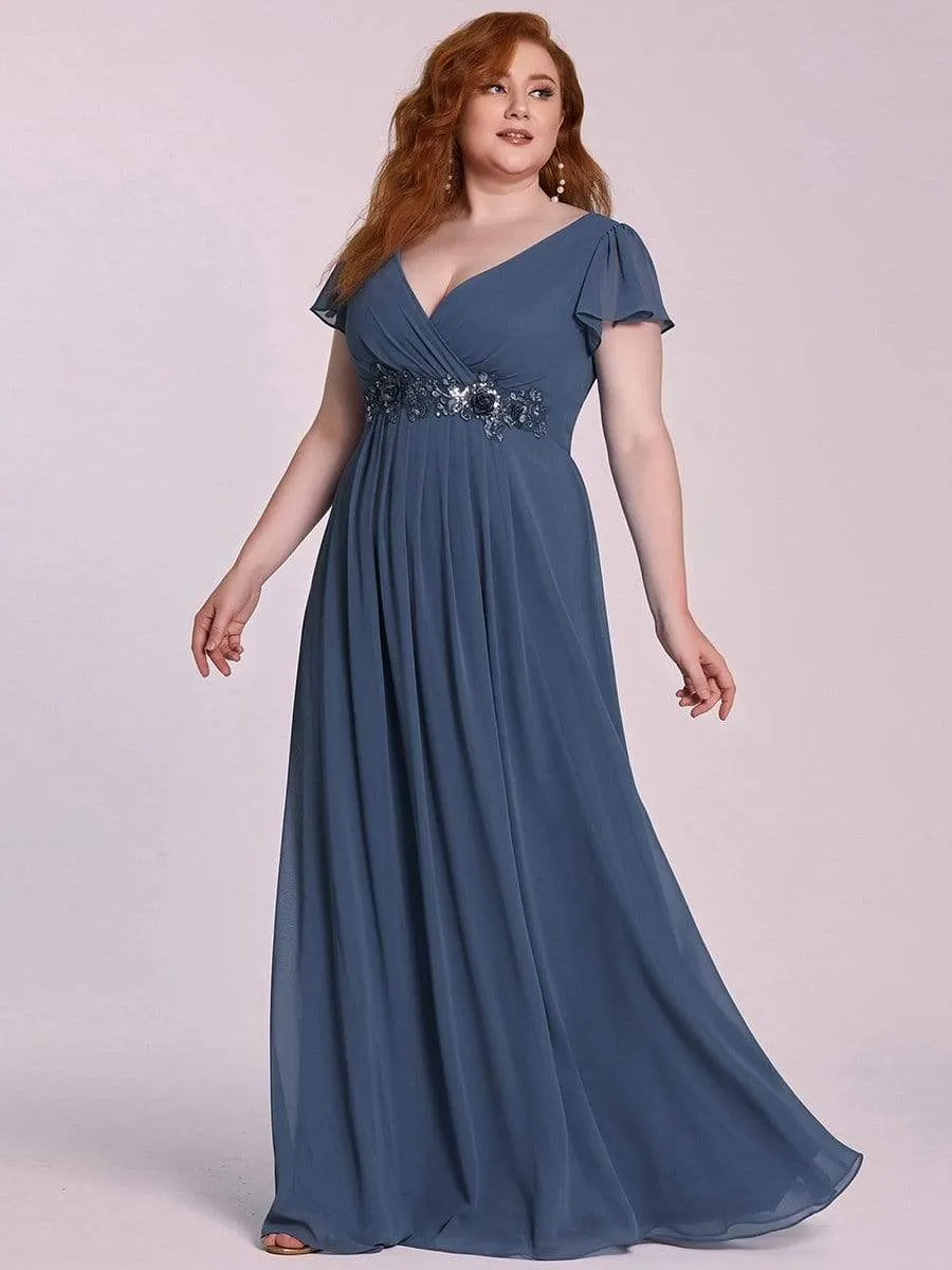 Comfortable Chiffon Ruffle Sleeves Deep V Embroidered Floor Length Plus Size Evening Dress