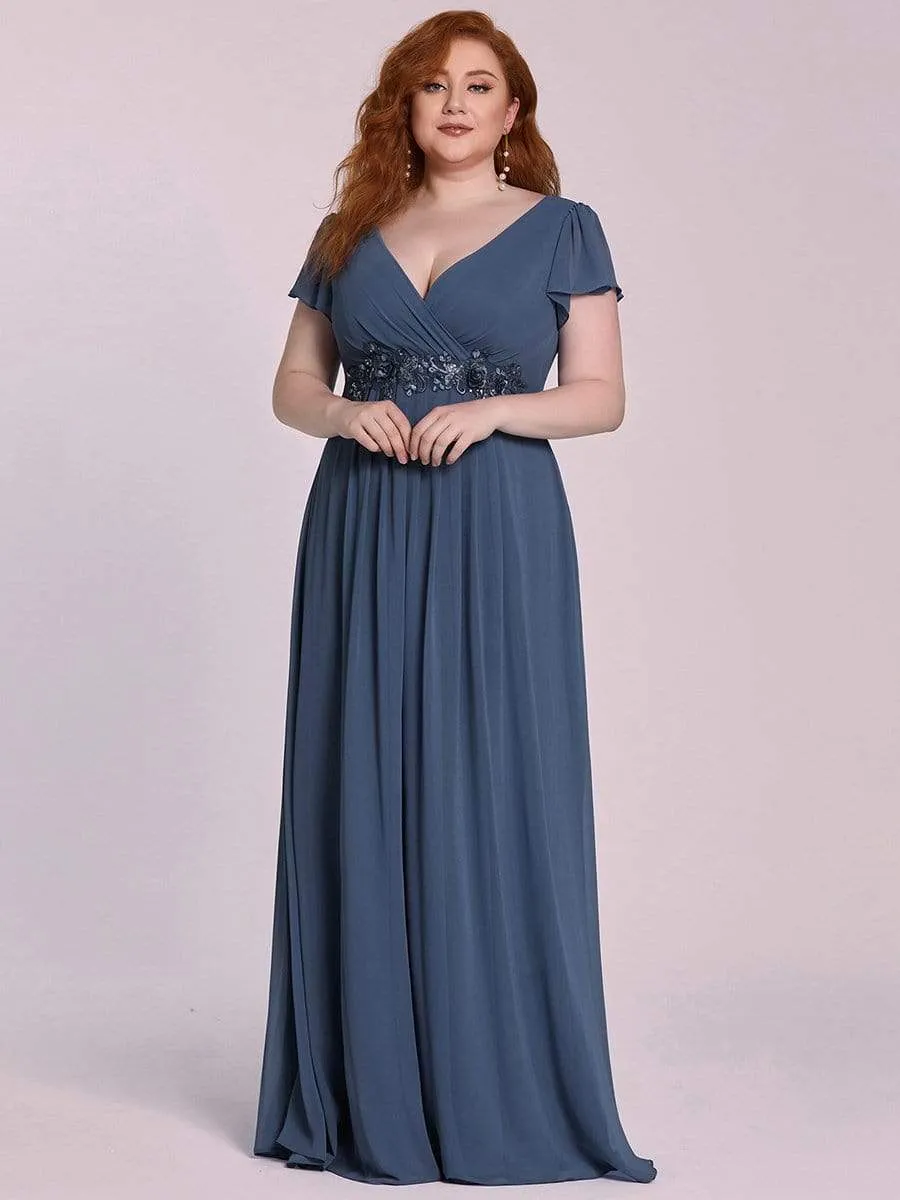Comfortable Chiffon Ruffle Sleeves Deep V Embroidered Floor Length Plus Size Evening Dress