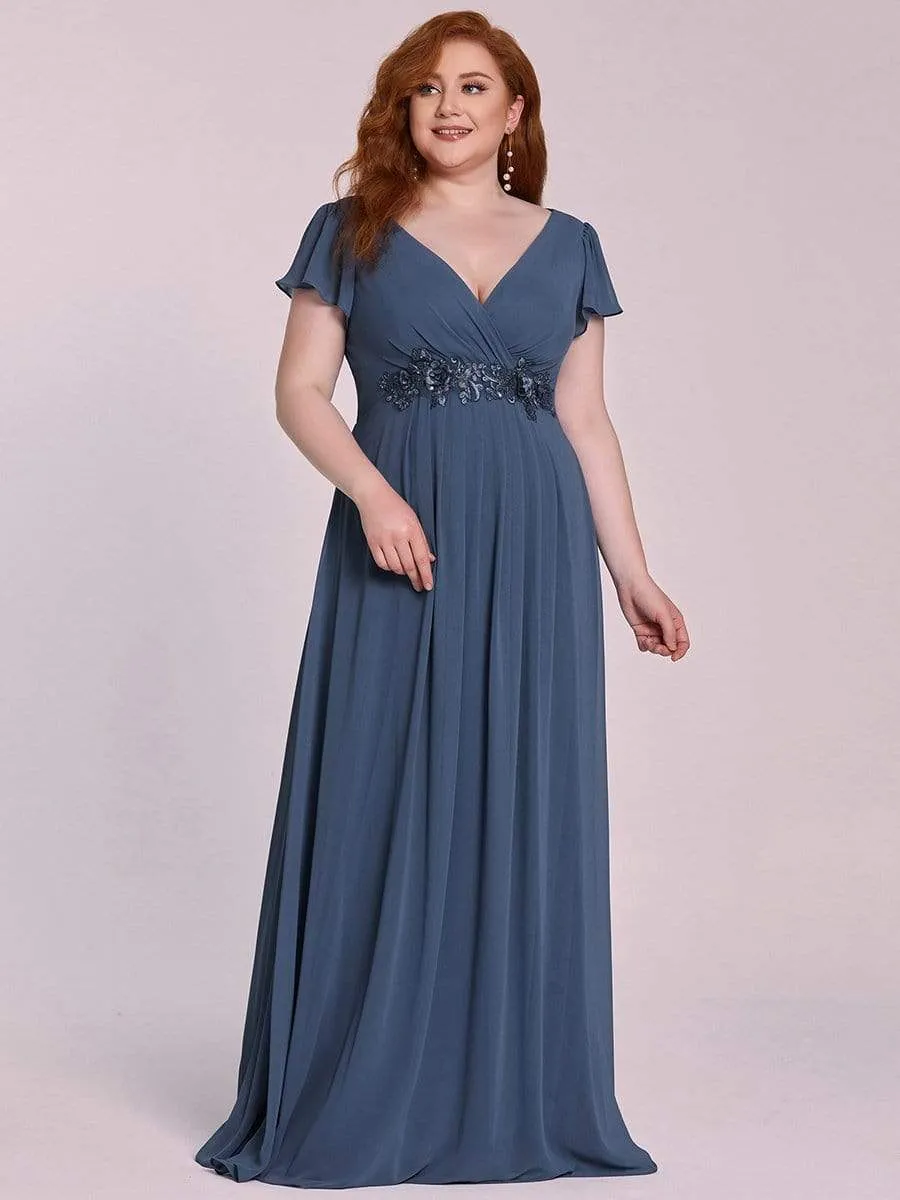 Comfortable Chiffon Ruffle Sleeves Deep V Embroidered Floor Length Plus Size Evening Dress