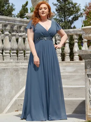 Comfortable Chiffon Ruffle Sleeves Deep V Embroidered Floor Length Plus Size Evening Dress