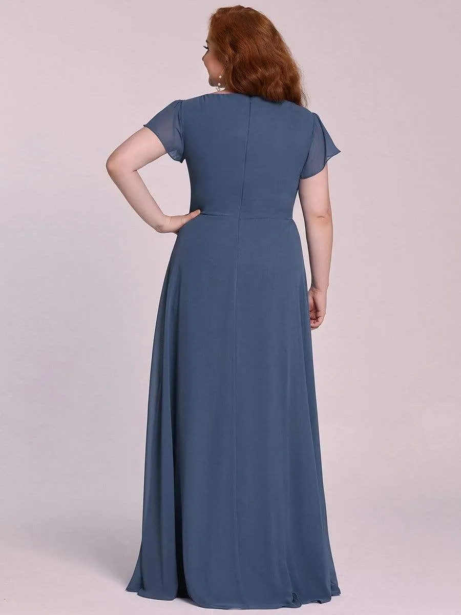 Comfortable Chiffon Ruffle Sleeves Deep V Embroidered Floor Length Plus Size Evening Dress