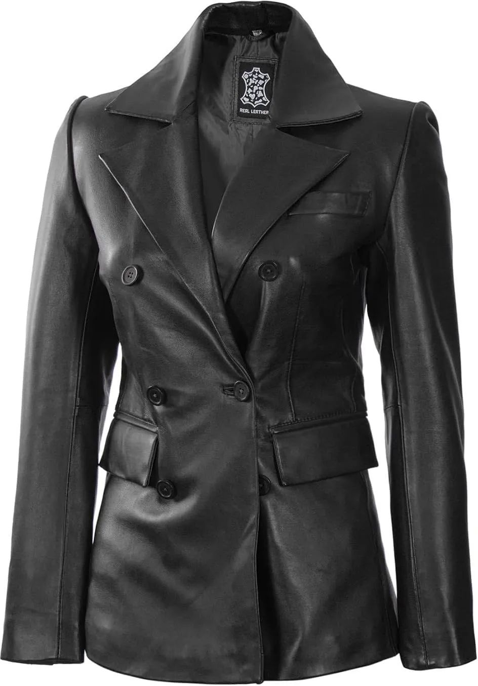 Decrum Leather Blazer Women - Classic Double Breasted Coat Women Elegant Brown and Black Blazer Jacket for Womens