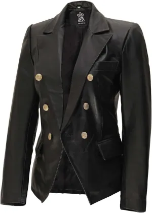 Decrum Leather Blazer Women - Classic Double Breasted Coat Women Elegant Brown and Black Blazer Jacket for Womens